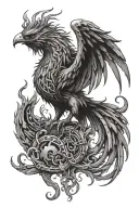 flaming phoenix rising, broken chains, a with a tail that flows into musical notes, holding a jackson dr3 dinky reverse tattoo design idea