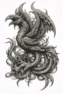 flaming phoenix rising, broken chains, a with a tail that flows into musical notes, holding a jackson dr3 dinky reverse tattoo design idea