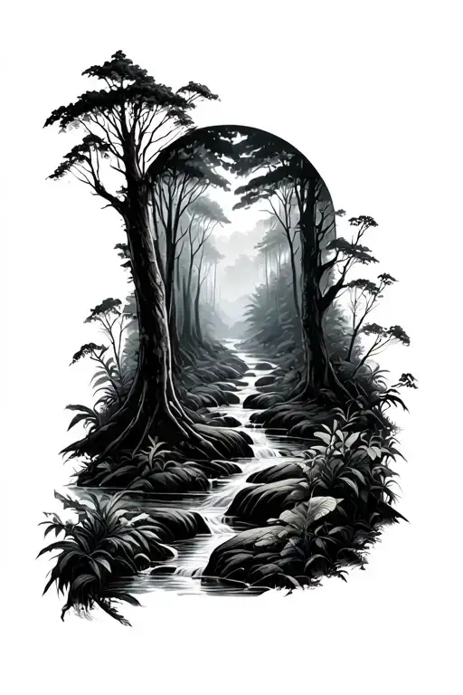 woods with stream meandering through a dense dark jungle tattoo design idea