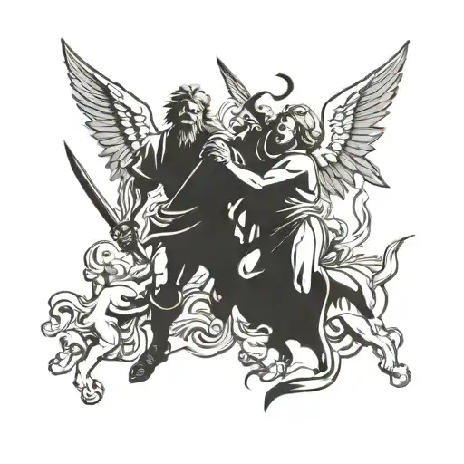 angels and demon war scene tattoo design idea