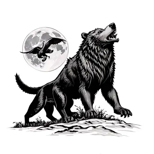 Full moon, howling wolf, bear standing, dragon flying, panther stalking. tattoo design idea