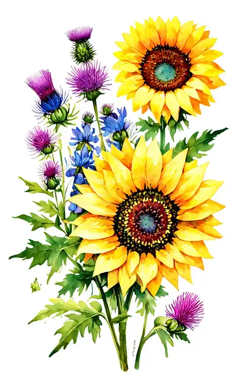 bluebonnets, sunflowers, thistles, Texas wildflowers  tattoo design idea
