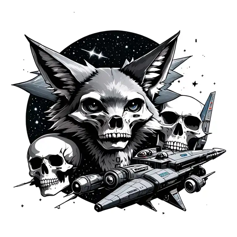 starfox Nintendo + Spaceship + memento mori + skulls + galaxy tattoo design idea