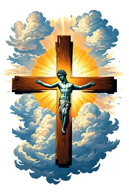 cross surrounded with clouds and sun shining tattoo design idea