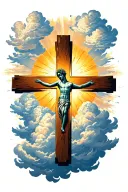 cross surrounded with clouds and sun shining tattoo design idea