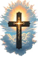 cross surrounded with clouds and sun shining tattoo design idea