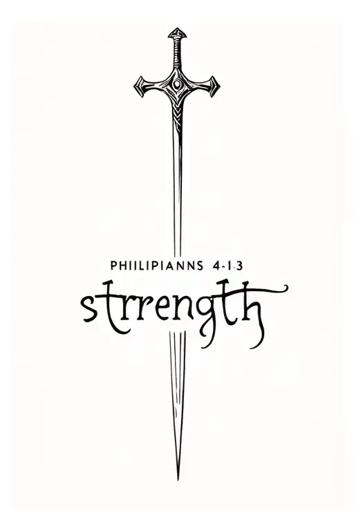 phillipians 4:13 written with a sword and the word strength  tattoo design idea