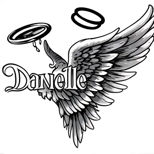 wings on the side of the name danielle with a halo on top of the name danielle tattoo design idea