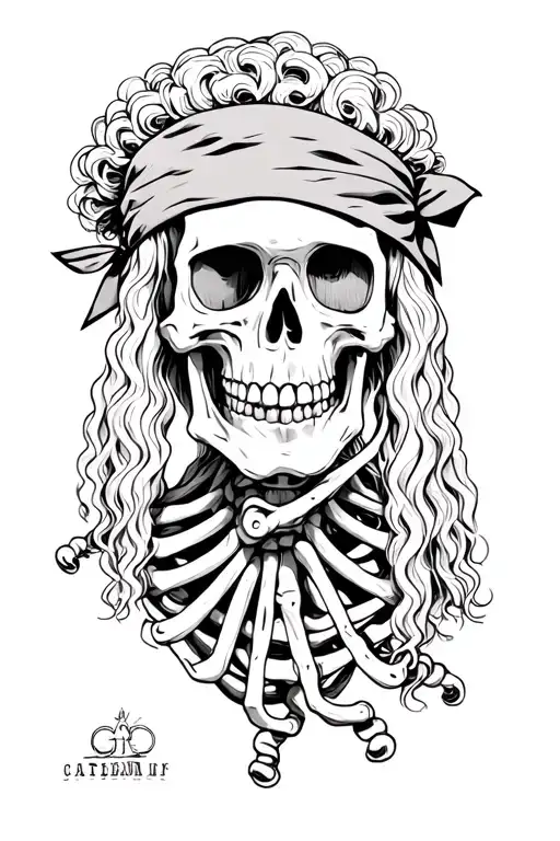 skeleton with curly mullet and bandana  tattoo design idea