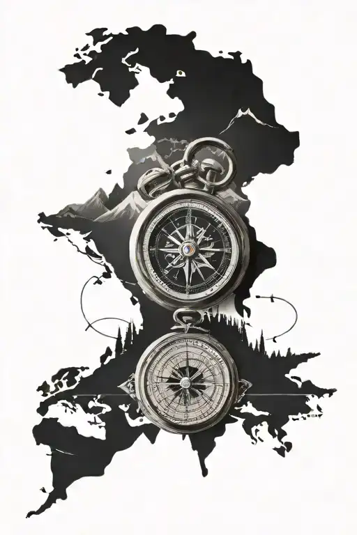 family, trips, mountain, compass, world map, tattoo design idea