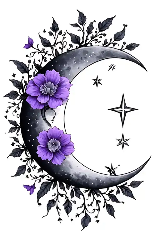 sun moon stars violet flower vines tattoo design idea