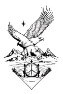 eagle with peace and sand clock and mountain landscape tattoo design idea