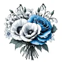 Bouquet with: poppies, snowdrops, blue roses, and peonies tattoo design idea