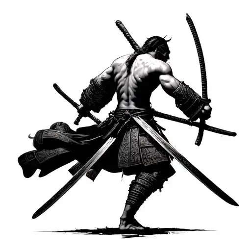 Samurai with swords in full height from the back with a naked torso tattoo design idea