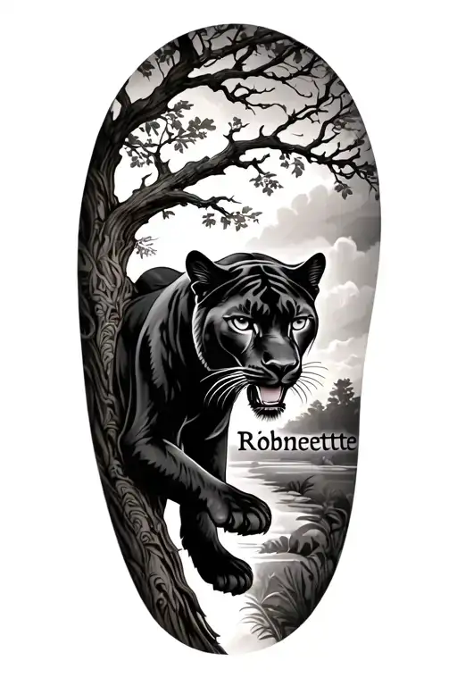 I want an upper arm wrap, of the name Robinette vertically down the bicep, an oak tree across outside arm with a panther tattoo design idea
