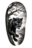 I want an upper arm wrap, of the name Robinette vertically down the bicep, an oak tree across outside arm with a panther tattoo design idea