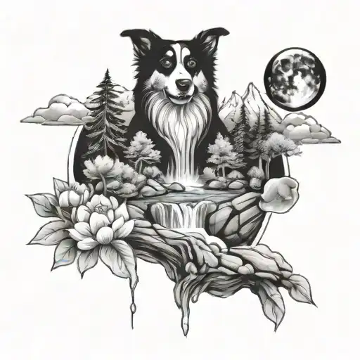 nature life waterfall mountain dog people sitting with cosmos for upper arm  tattoo design idea