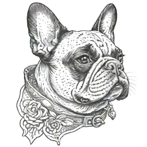A dotwork tattoo of a French bulldog sketching a portrait of your sister in military police uniform, blending your love for art and honoring her memory tattoo design idea