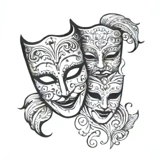 Design a black and white tattoo that includes two classic theater masks: a happy mask and a sad one. The masks should be connected by a thin thread that connects them in a fluid and elegant way. As a background, include a stylized cloud that is visible but does not overwhelm the design, adding a touch of depth to the whole. Keep all the details in black and white, with a balance between soft shadows and defined lines to give it a realistic and artistic look. tattoo design idea