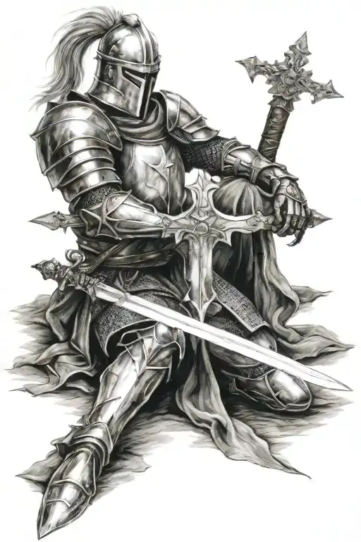 cross, sword, christian, knight kneeling tattoo design idea