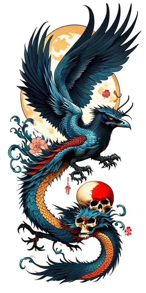 dragon phoenix and skull and moon and raven tattoo design idea