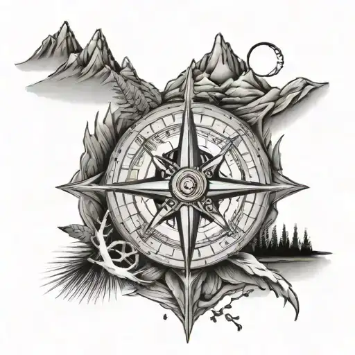 compass animal tracks mountains tattoo design idea