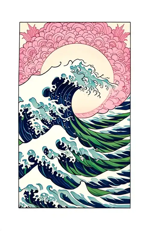 Pink, blue and green Japanese waves masculine tattoo tattoo design idea
