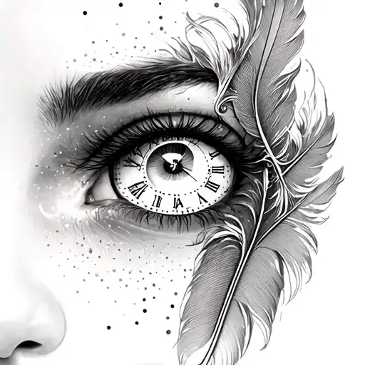 A portrait of a woman with a clock face as her eye, surrounded by delicate feather accents tattoo design idea