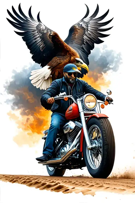 man riding a harley with a eagle flying next to it tattoo design idea