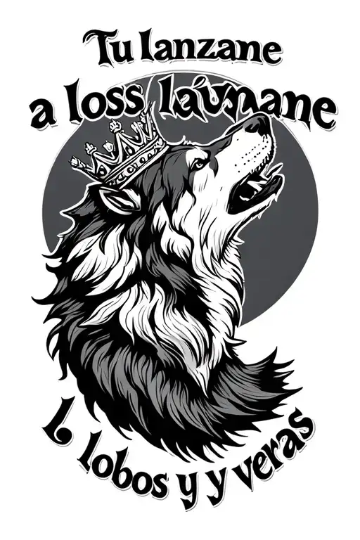 "Tu lanzame a los lobos y veras" wolf howling at the moon king crown tattoo design idea