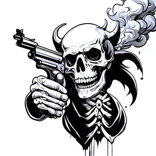 demon skeleton holding a revolver with smoke coming from barrel tattoo design idea