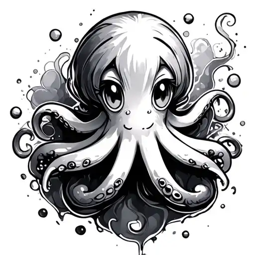 cute anime squid spraying ink tattoo design idea