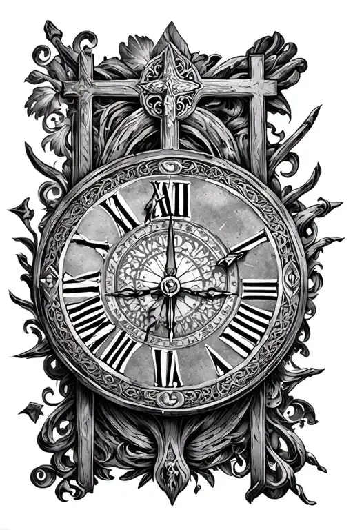 Clock face behind Byzantine cross made tattoo design idea