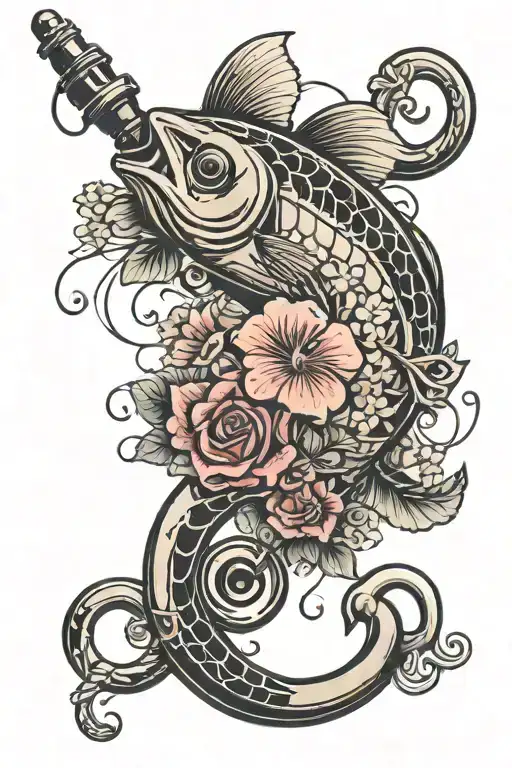 A neotraditional tattoo of a fishing lure morphing into a treble clef symbol, surrounded by blooming flowers and gym equipment like weights and ropes, representing the client's diverse interests and passions tattoo design idea