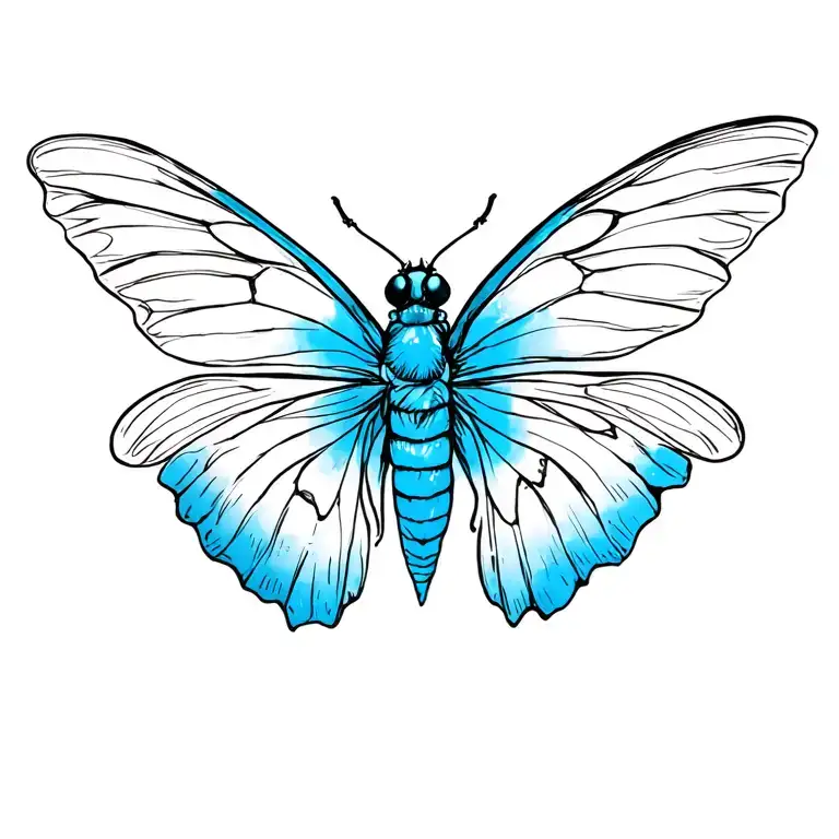 blue butter fly one wing colored in other in black and white outline tattoo design idea