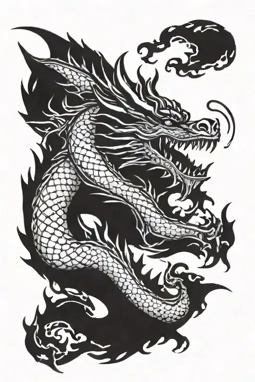 European style black and white rising dragon tattoo design idea
