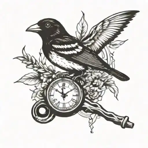 Oriole bird, religious face, harmonica, clock time, memorial style tattoo design idea