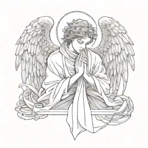 A praying male angel is wrapped around a scolopendra tattoo design idea