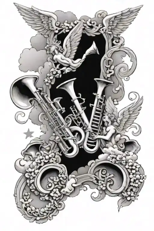 clouds surrounding trumpets angels flying tattoo design idea