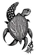 American flag, coqui sea turtle, hawai tribal leg sleeve tattoo design idea