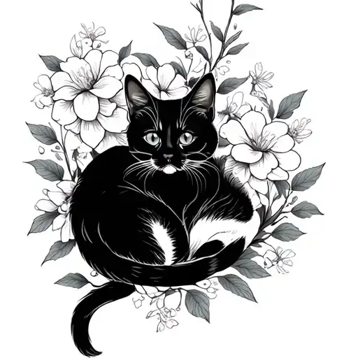 black ink fine line tattoo, with cutes cats lying, nature, differents flowers, cherry blossoms tattoo design idea