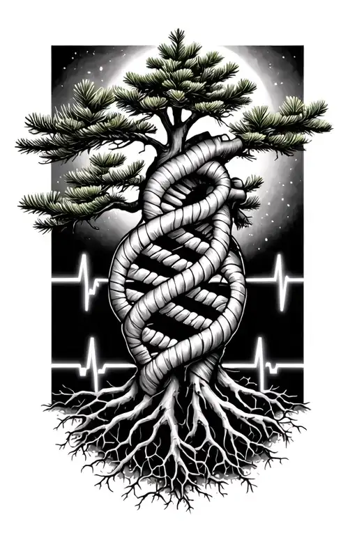 pine tree with dna strand as roots tapering into an ekg of a heart beat  tattoo design idea