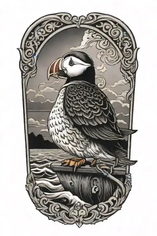 male puffin on a with an old scandinavian viking ship at sea tattoo design idea