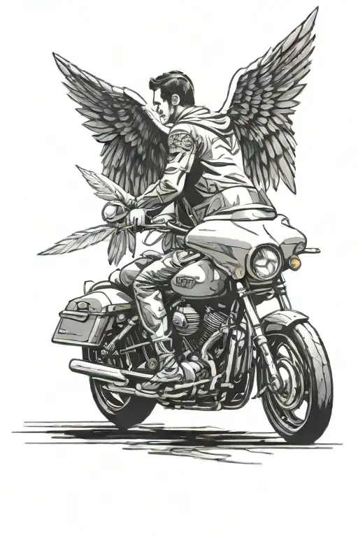 man on motorcycle with angel wings coming from behind him tattoo design idea