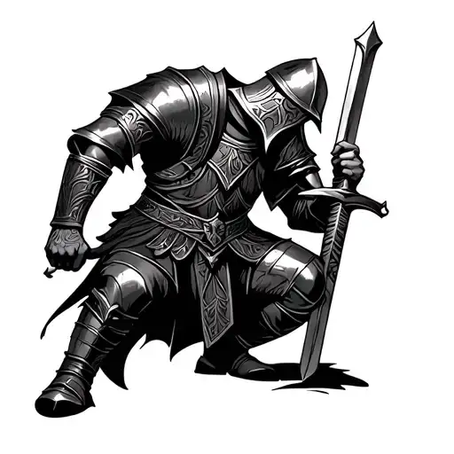 crusader knight mixed with Viking kneeling down with a sword  tattoo design idea