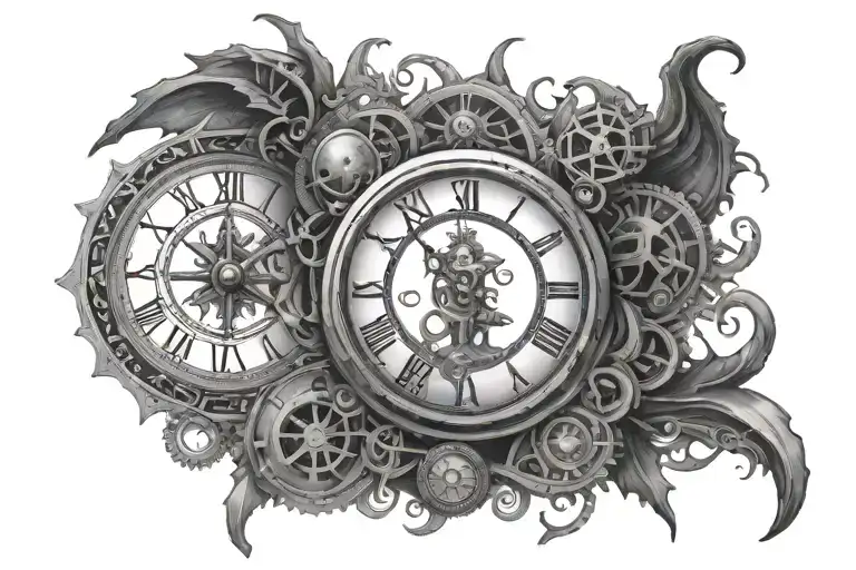clock works disassemble roman numeral which is lost and a demon and a tahitian style can fit in with tattoo design idea