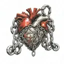 hyper-realistic, 8k, HDR, anatomical heart bound in iron chains, partially shown through torn open skin on chest, color tattoo design idea