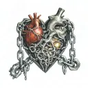 hyper-realistic, 8k, HDR, anatomical heart bound in iron chains, partially shown through torn open skin on chest, color tattoo design idea