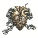 hyper-realistic, 8k, HDR, anatomical heart bound in iron chains, partially shown through torn open skin on chest, color tattoo design idea