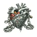 hyper-realistic, 8k, HDR, anatomical heart bound in iron chains, partially shown through torn open skin on chest, color tattoo design idea